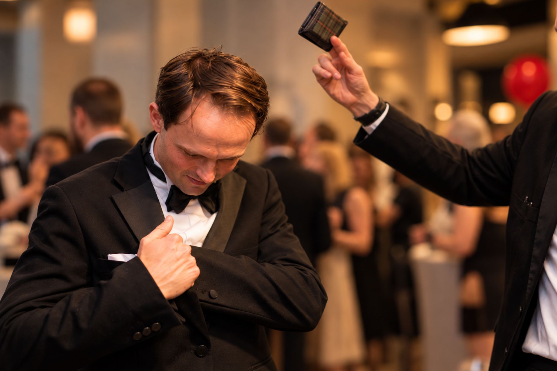 Guest at a black-tie event checking his jacket as his wallet is held up behind him
